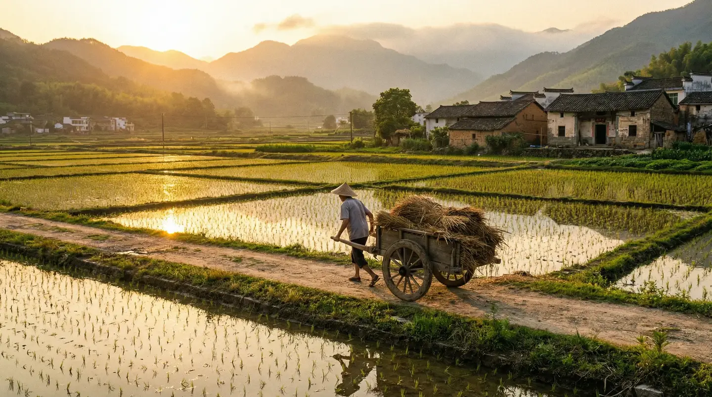 鲜肉老师在线高清免费观看 - 金色夕阳下的乡村田野，老农推着木车行走在田埂上